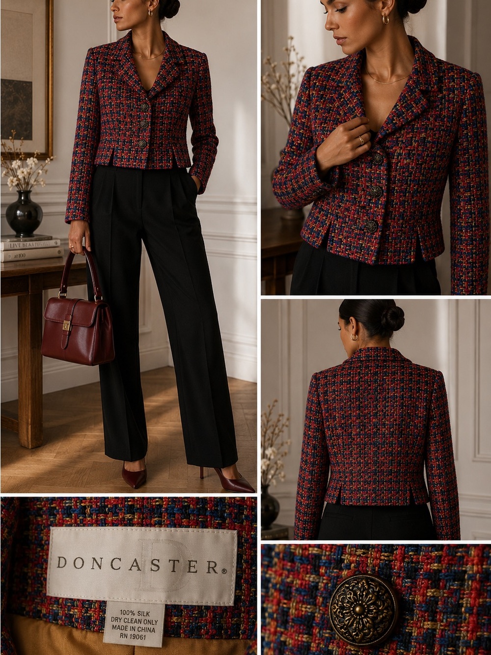 Doncaster 100% Silk Tweed Blazer Jacket Red Blue Gold Cropped Women’s Size 4